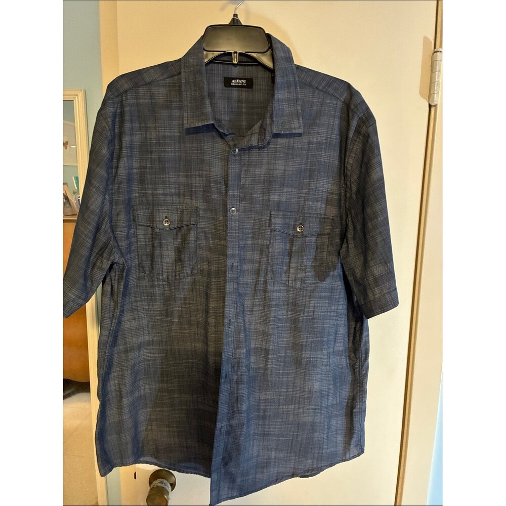 Alfani Men's Blue and Charcoal Plaid Short-Sleeve Shirt